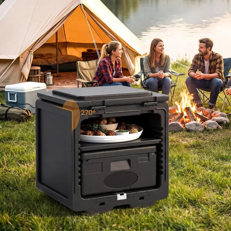 Two-Tier Insulated Food Pan Transporter with Removable Tray and Stackable Design