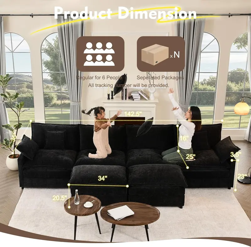 U-Shaped Cloud Sectional Sofa – 108-Inch Comfortable Modular Lounge with Removable Footstool