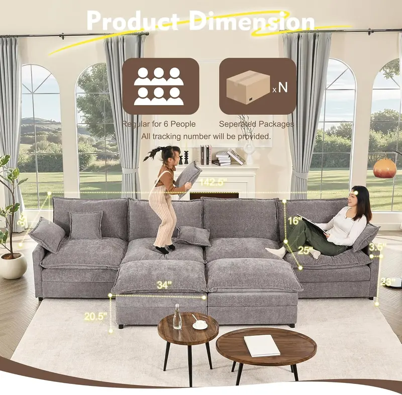 U-Shaped Cloud Sectional Sofa – 108-Inch Comfortable Modular Lounge with Removable Footstool