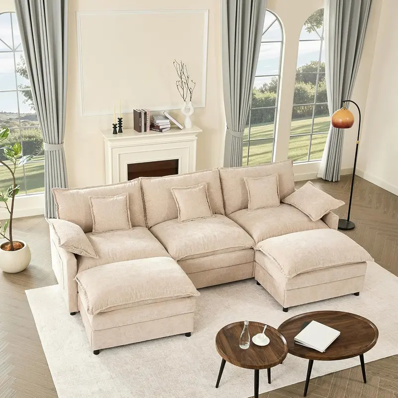 U-Shaped Cloud Sectional Sofa – 108-Inch Comfortable Modular Lounge with Removable Footstool