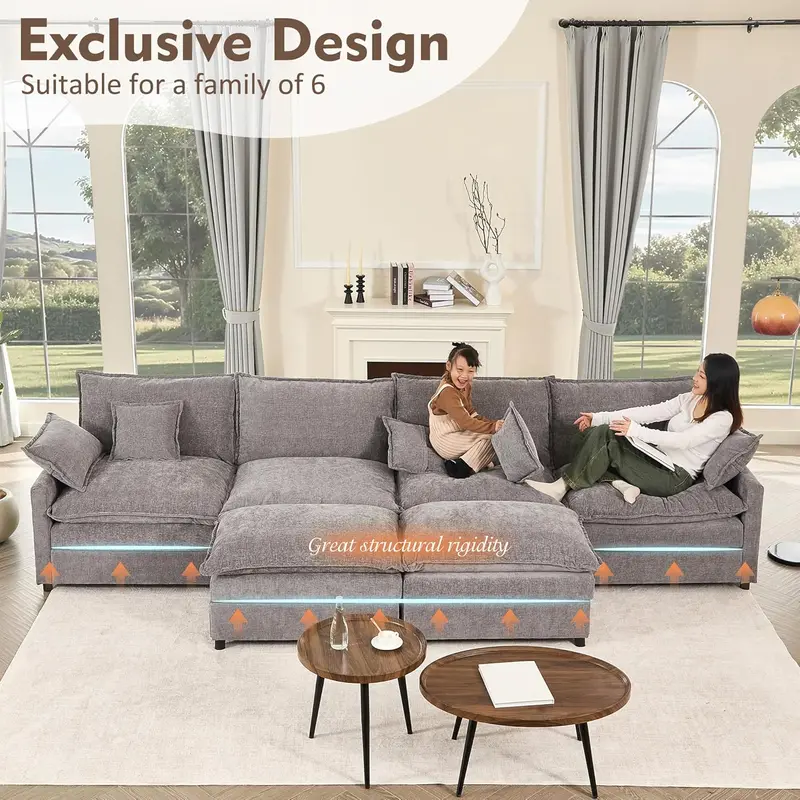 U-Shaped Cloud Sectional Sofa – 108-Inch Comfortable Modular Lounge with Removable Footstool