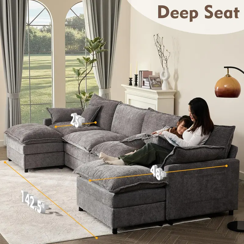U-Shaped Cloud Sectional Sofa – 108-Inch Comfortable Modular Lounge with Removable Footstool
