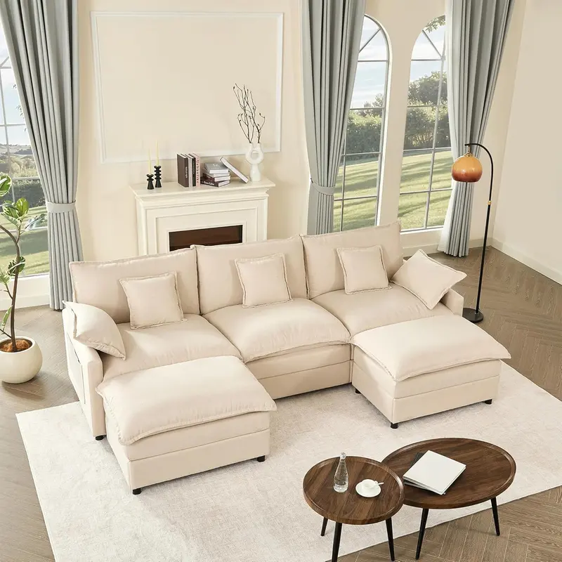 U-Shaped Cloud Sectional Sofa – 108-Inch Comfortable Modular Lounge with Removable Footstool