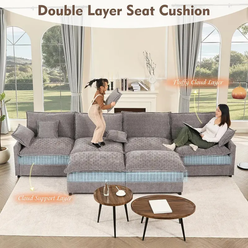 U-Shaped Cloud Sectional Sofa – 108-Inch Comfortable Modular Lounge with Removable Footstool