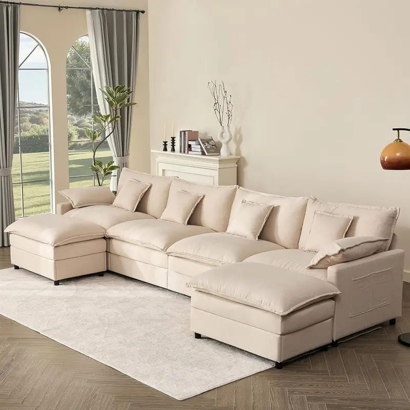 U-Shaped Cloud Sectional Sofa – 108-Inch Comfortable Modular Lounge with Removable Footstool