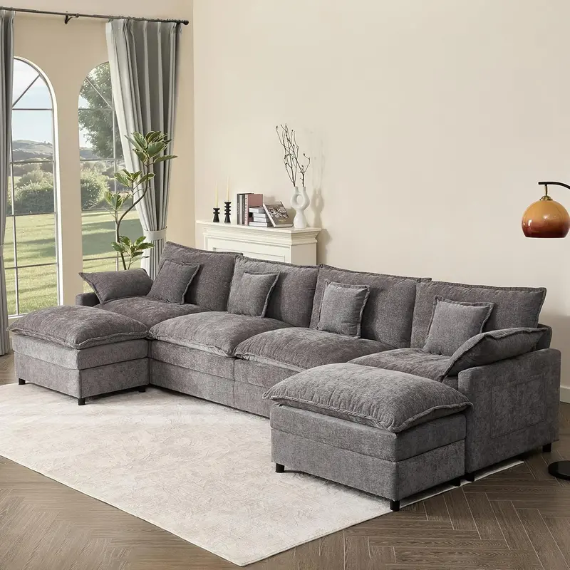 U-Shaped Cloud Sectional Sofa – 108-Inch Comfortable Modular Lounge with Removable Footstool