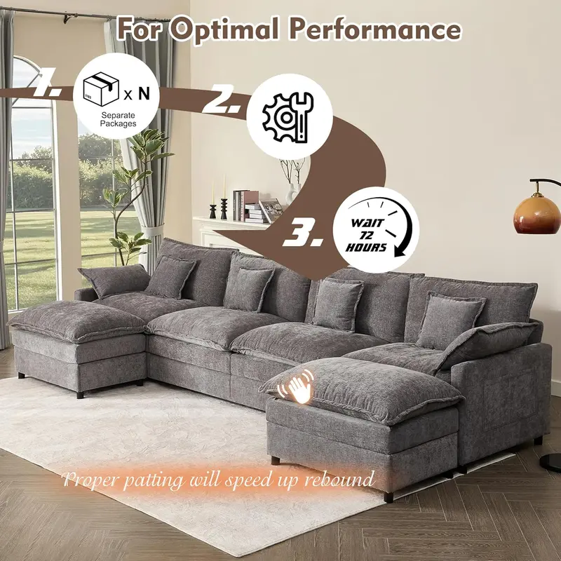 U-Shaped Cloud Sectional Sofa – 108-Inch Comfortable Modular Lounge with Removable Footstool