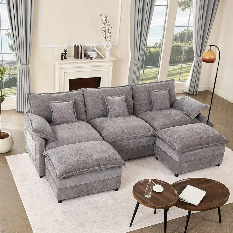 U-Shaped Cloud Sectional Sofa – 108-Inch Comfortable Modular Lounge with Removable Footstool