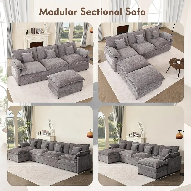 U-Shaped Cloud Sectional Sofa – 108-Inch Comfortable Modular Lounge with Removable Footstool