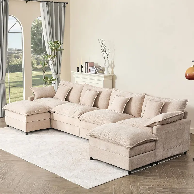 U-Shaped Cloud Sectional Sofa – 108-Inch Comfortable Modular Lounge with Removable Footstool