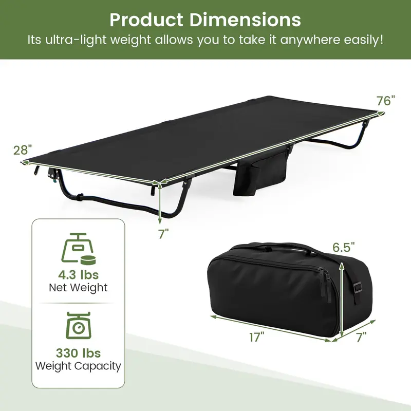 Ultralight 4.3-Pound Foldable Camping Cot Supporting Up to 330 Pounds