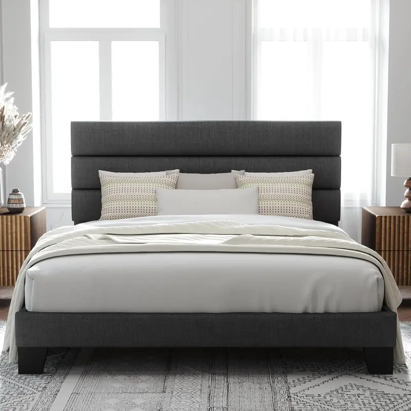 Upholstered Queen Platform Bed Frame with Fabric Headboard and Solid Wood Slats 1