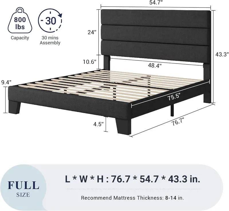 Upholstered Queen Platform Bed Frame with Fabric Headboard and Solid Wood Slats