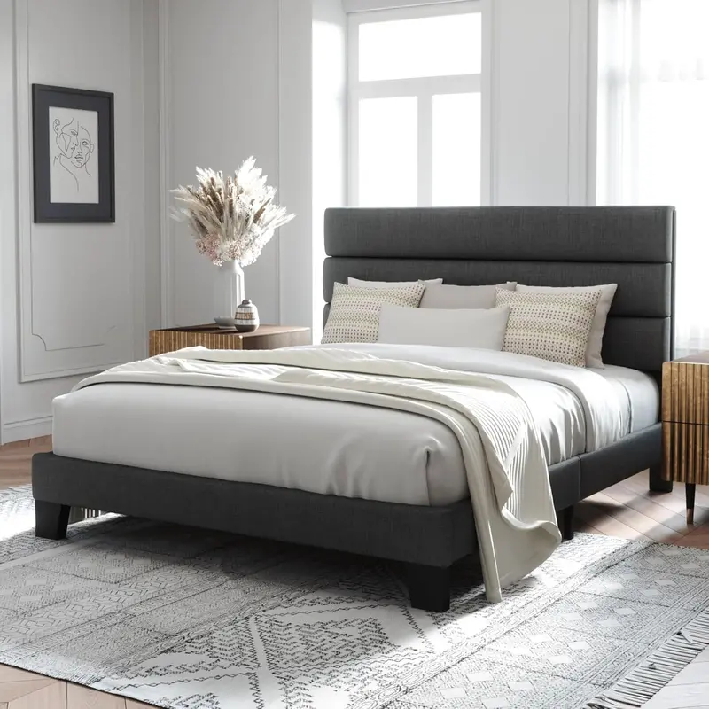 Upholstered Queen Platform Bed Frame with Fabric Headboard and Solid Wood Slats