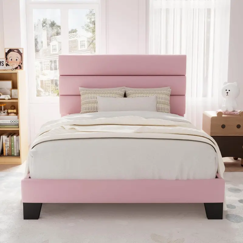 Upholstered Queen Platform Bed Frame with Fabric Headboard and Solid Wood Slats