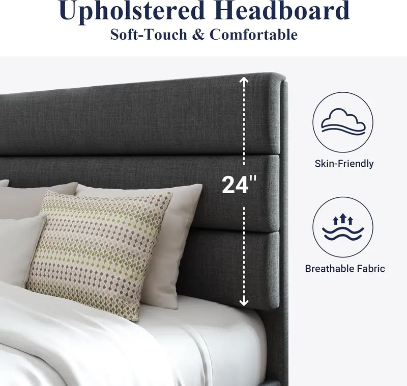 Upholstered Queen Platform Bed Frame with Fabric Headboard and Solid Wood Slats