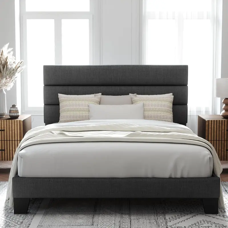 Upholstered Queen Platform Bed Frame with Fabric Headboard and Solid Wood Slats