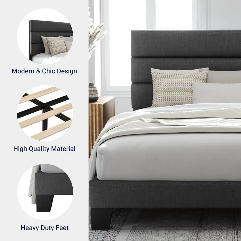 Upholstered Queen Platform Bed Frame with Fabric Headboard and Solid Wood Slats