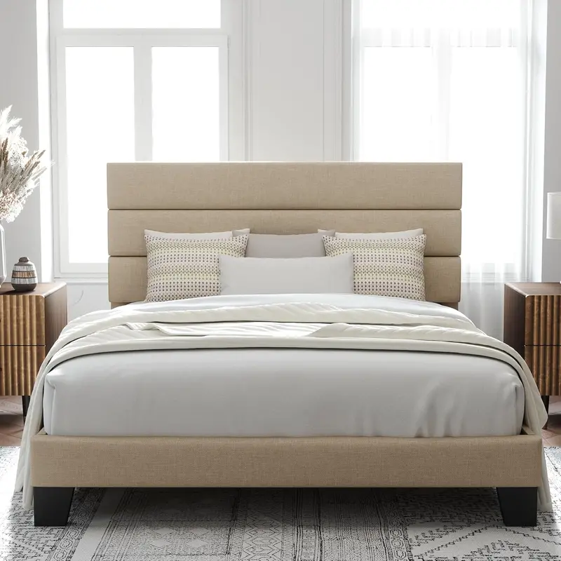 Upholstered Queen Platform Bed Frame with Fabric Headboard and Solid Wood Slats