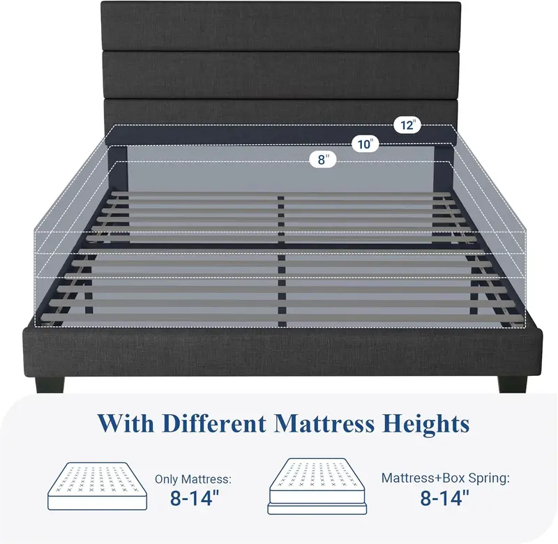 Upholstered Queen Platform Bed Frame with Fabric Headboard and Solid Wood Slats