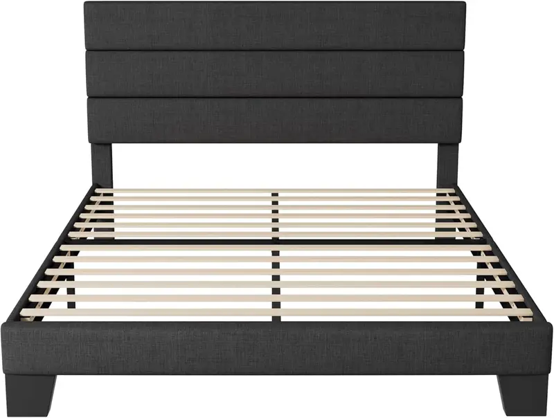 Upholstered Queen Platform Bed Frame with Fabric Headboard and Solid Wood Slats