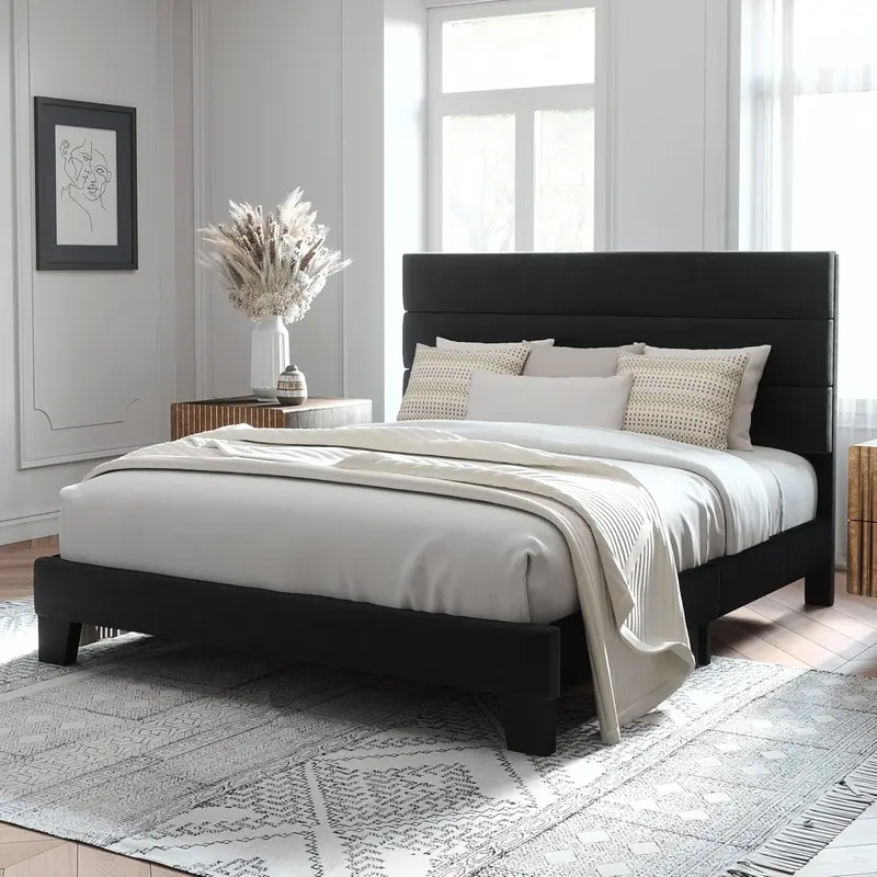 Upholstered Queen Platform Bed Frame with Fabric Headboard and Solid Wood Slats