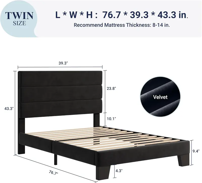 Upholstered Queen Platform Bed Frame with Fabric Headboard and Solid Wood Slats