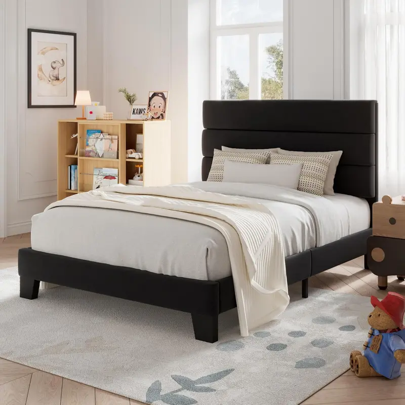 Upholstered Queen Platform Bed Frame with Fabric Headboard and Solid Wood Slats