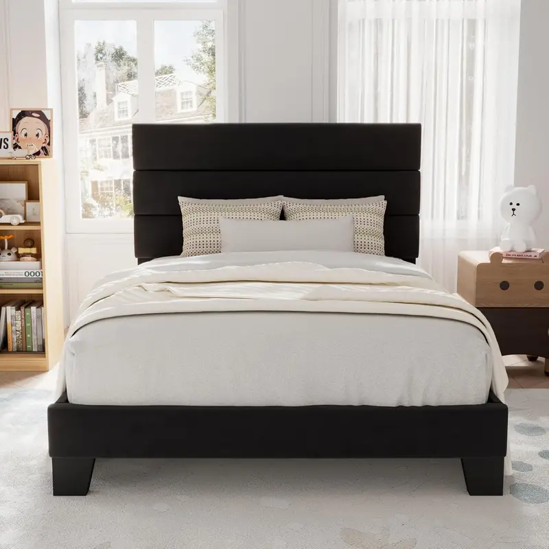 Upholstered Queen Platform Bed Frame with Fabric Headboard and Solid Wood Slats