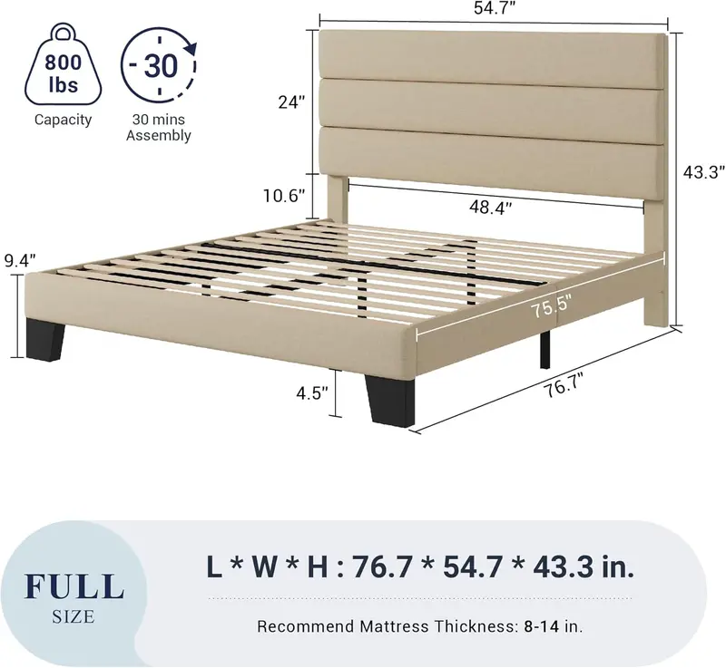 Upholstered Queen Platform Bed Frame with Fabric Headboard and Solid Wood Slats
