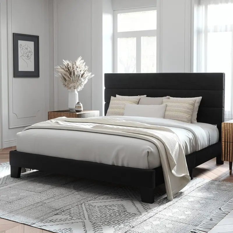 Upholstered Queen Platform Bed Frame with Fabric Headboard and Solid Wood Slats