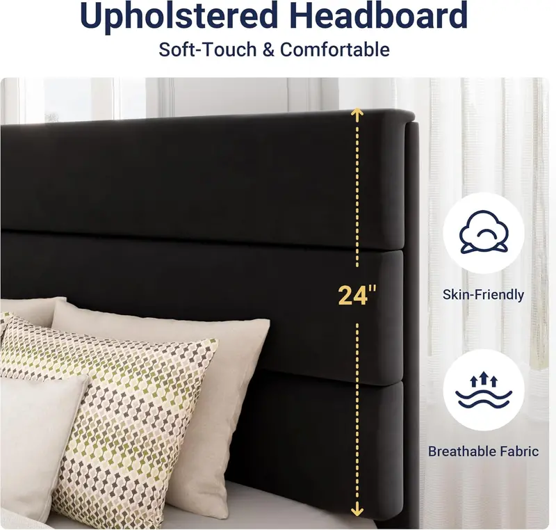 Upholstered Queen Platform Bed Frame with Fabric Headboard and Solid Wood Slats