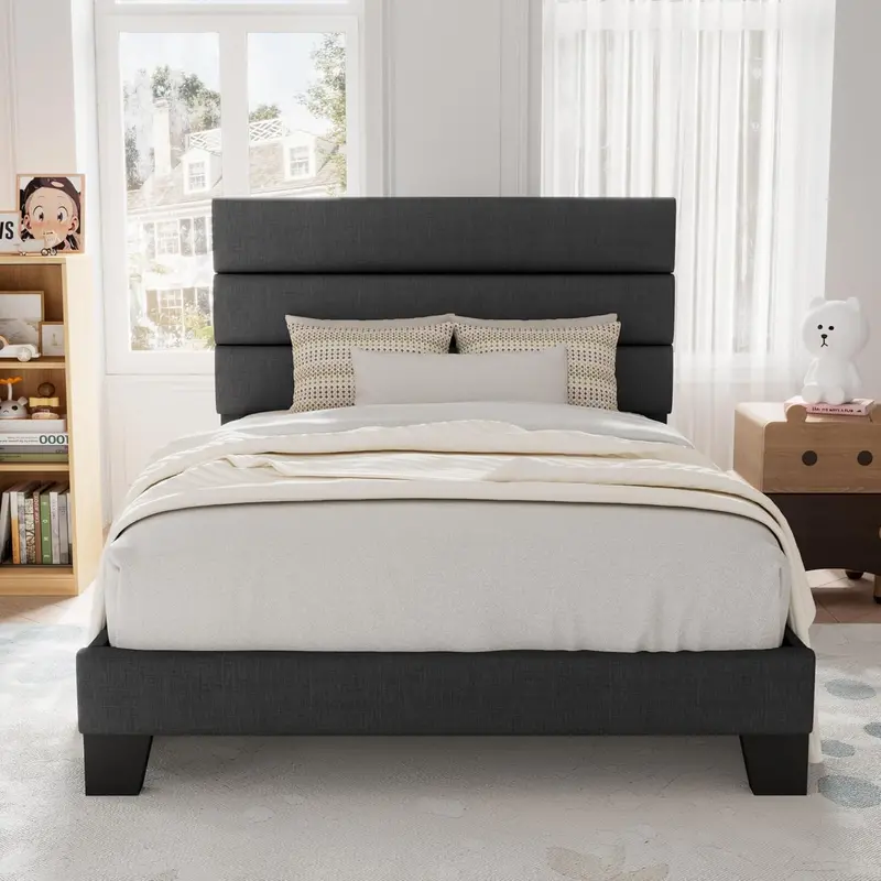 Upholstered Queen Platform Bed Frame with Fabric Headboard and Solid Wood Slats