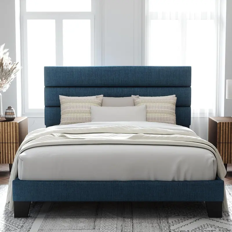 Upholstered Queen Platform Bed Frame with Fabric Headboard and Solid Wood Slats