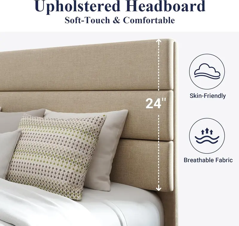 Upholstered Queen Platform Bed Frame with Fabric Headboard and Solid Wood Slats