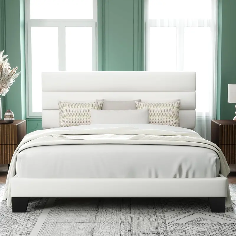 Upholstered Queen Platform Bed Frame with Fabric Headboard and Solid Wood Slats