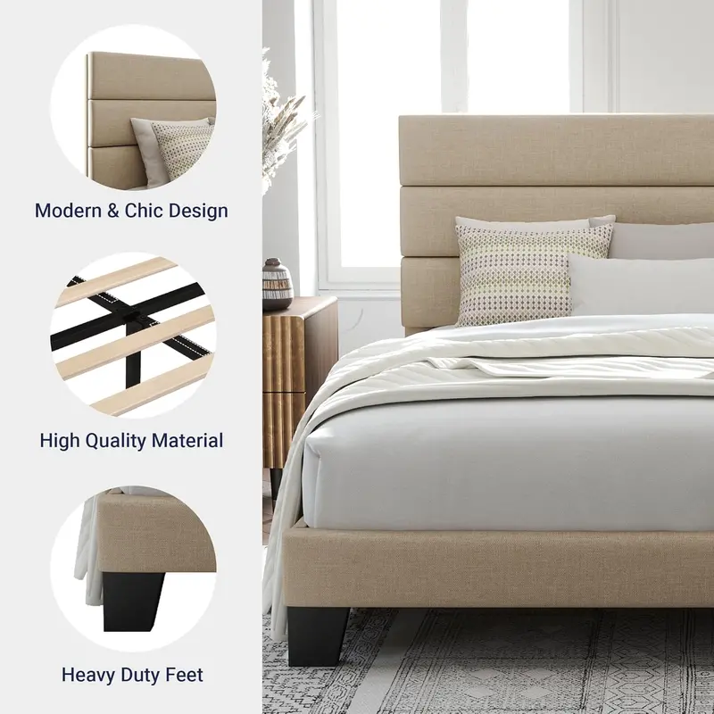 Upholstered Queen Platform Bed Frame with Fabric Headboard and Solid Wood Slats