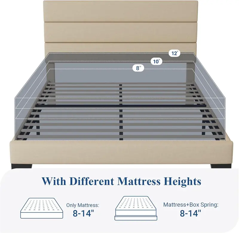 Upholstered Queen Platform Bed Frame with Fabric Headboard and Solid Wood Slats