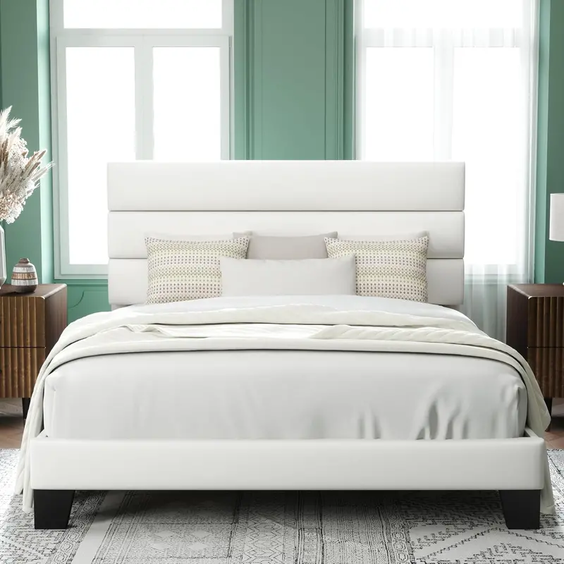 Upholstered Queen Platform Bed Frame with Fabric Headboard and Solid Wood Slats
