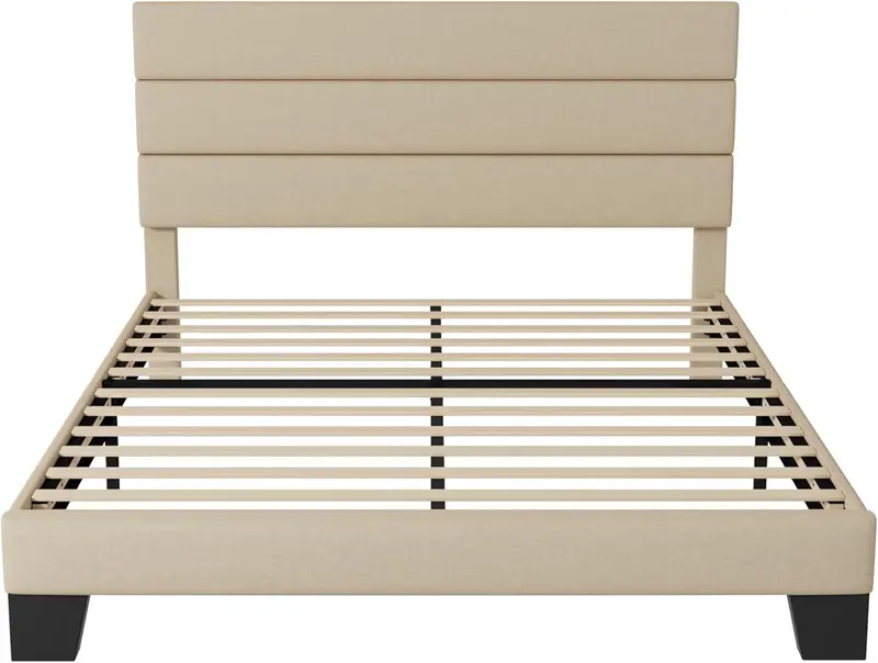 Upholstered Queen Platform Bed Frame with Fabric Headboard and Solid Wood Slats