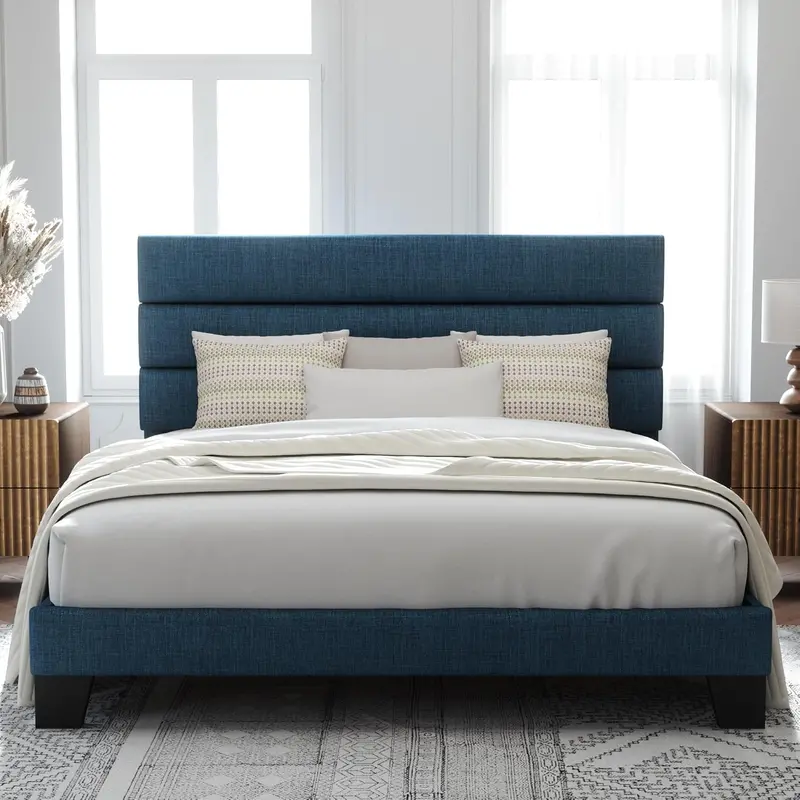 Upholstered Queen Platform Bed Frame with Fabric Headboard and Solid Wood Slats