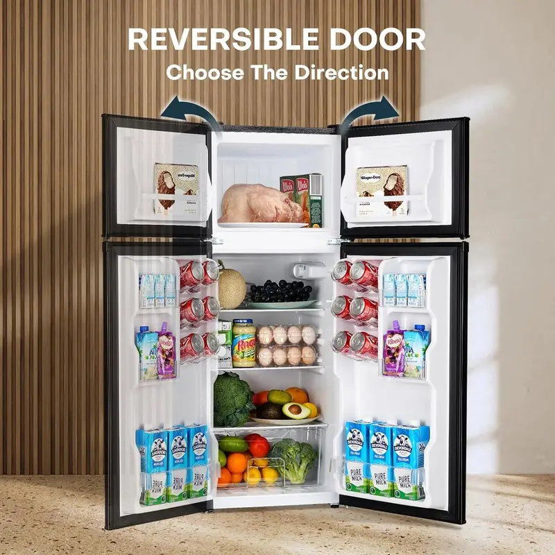 Upstreman BR401 4.0 Cu. Ft. Mini Fridge with Freezer – Double-Door Dorm Refrigerator, Adjustable Thermostat, Sleek Black Finish