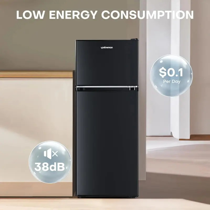 Upstreman BR401 4.0 Cu. Ft. Mini Fridge with Freezer – Double-Door Dorm Refrigerator, Adjustable Thermostat, Sleek Black Finish