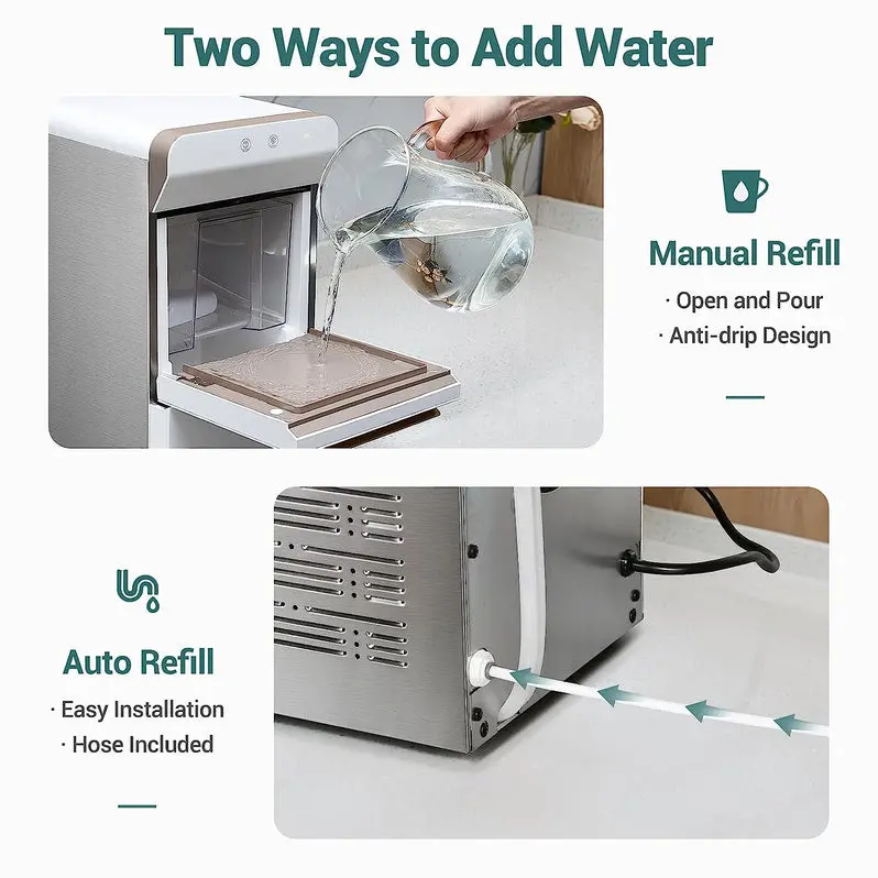 V2.0 Stainless Steel Nugget Ice Maker – Self-Cleaning Countertop Pellet Ice Machine with Open-Pour Refill