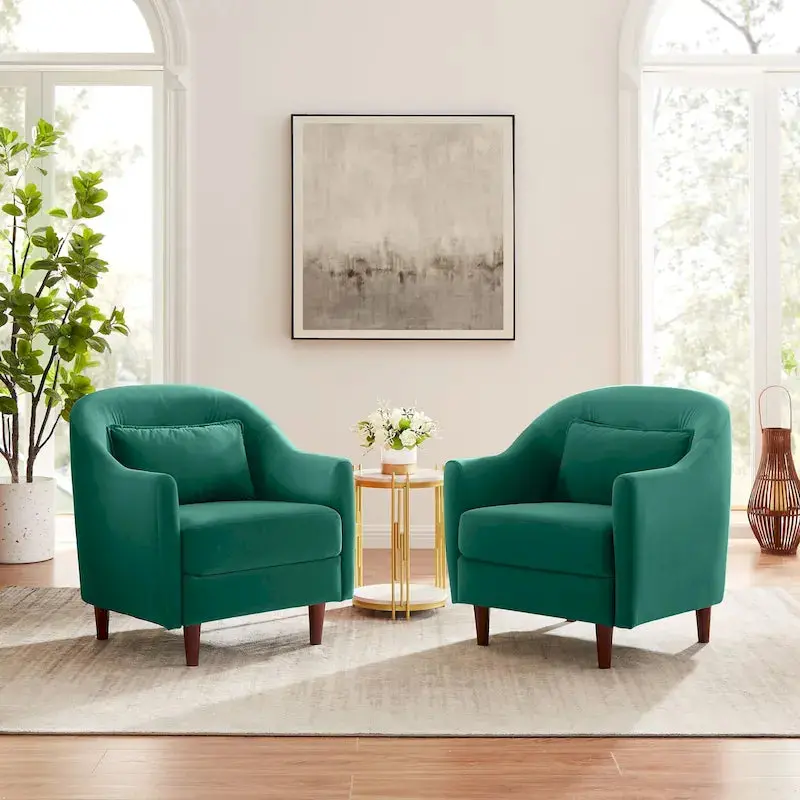 Velvet Barrel Accent Armchair Set – Two Solid Wood Leg Chairs for Modern Living Spaces 2