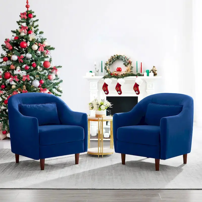 Velvet Barrel Accent Armchair Set – Two Solid Wood Leg Chairs for Modern Living Spaces