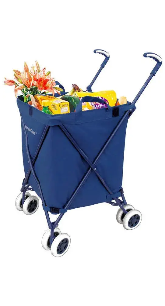 VersaCart Folding Utility Shopping Cart – 120-Pound Capacity, Water-Resistant Canvas, Navy Blue