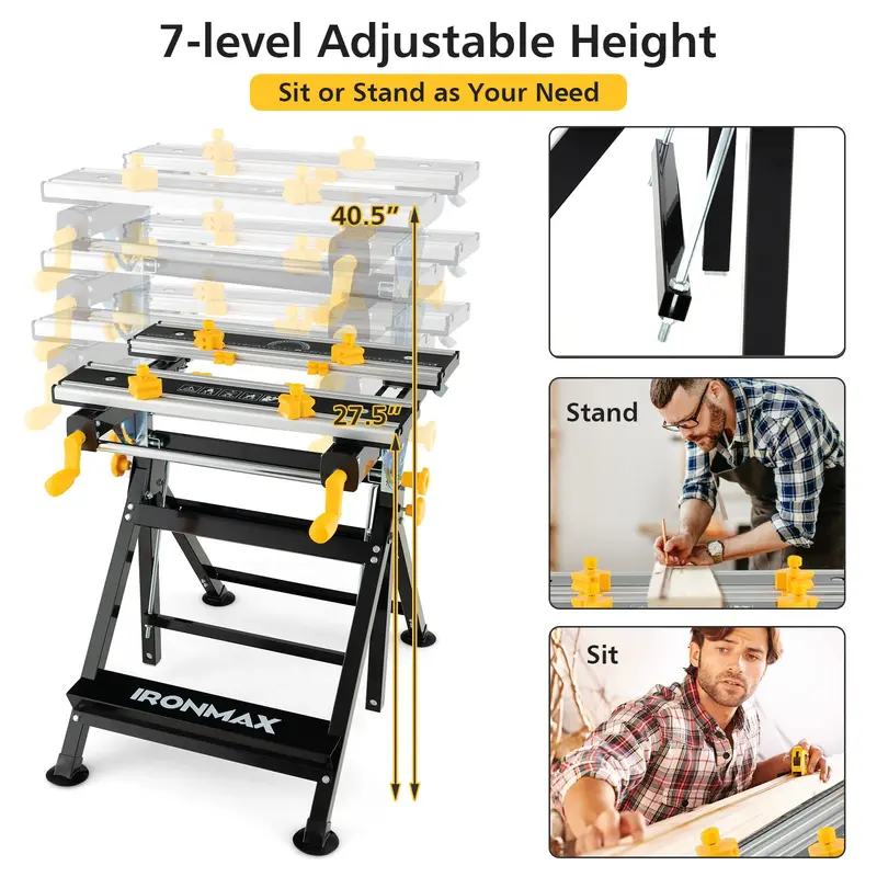 Versatile Folding Workbench with Tilting Surface – 7-Height Settings & Sliding Clamps 2