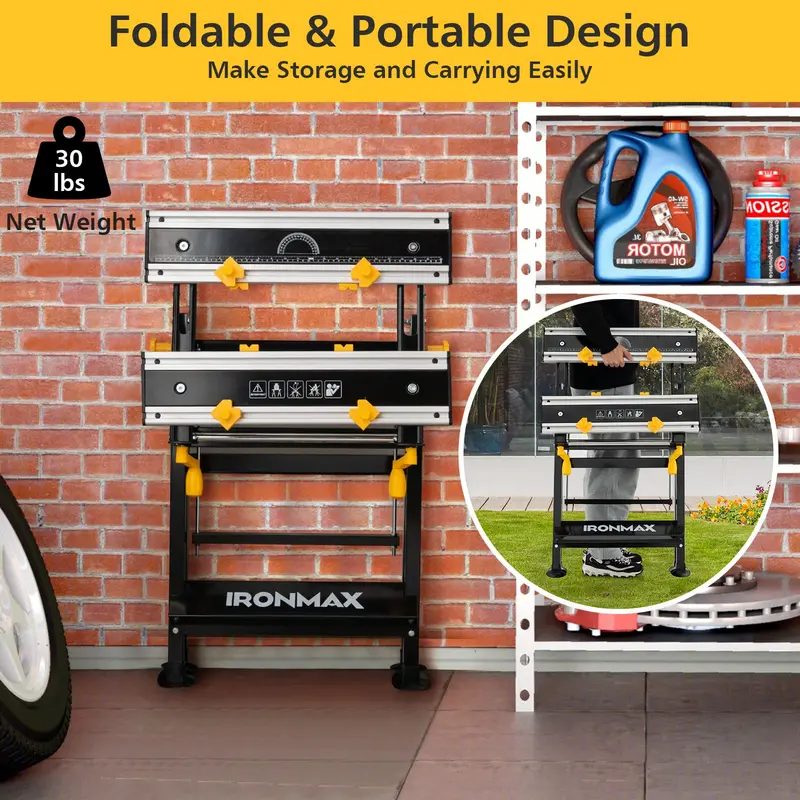 Versatile Folding Workbench with Tilting Surface – 7-Height Settings & Sliding Clamps