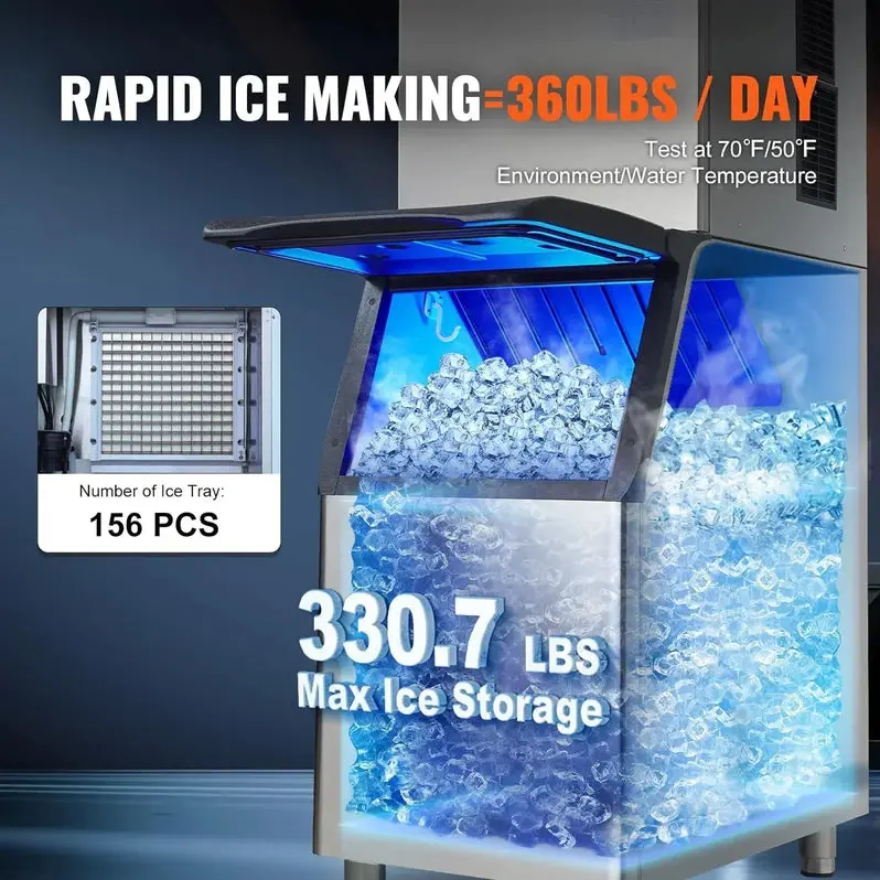 VEVOR Commercial Ice Maker – 360 lbs/24H Output with 330.7 lbs Storage Bin